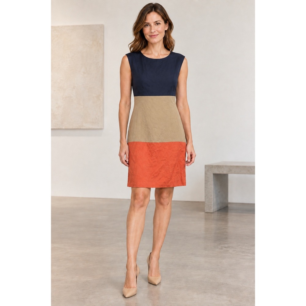 Eliza J Silk Colorblock Sheath Dress 4 Navy Beige Orange Modern Classic